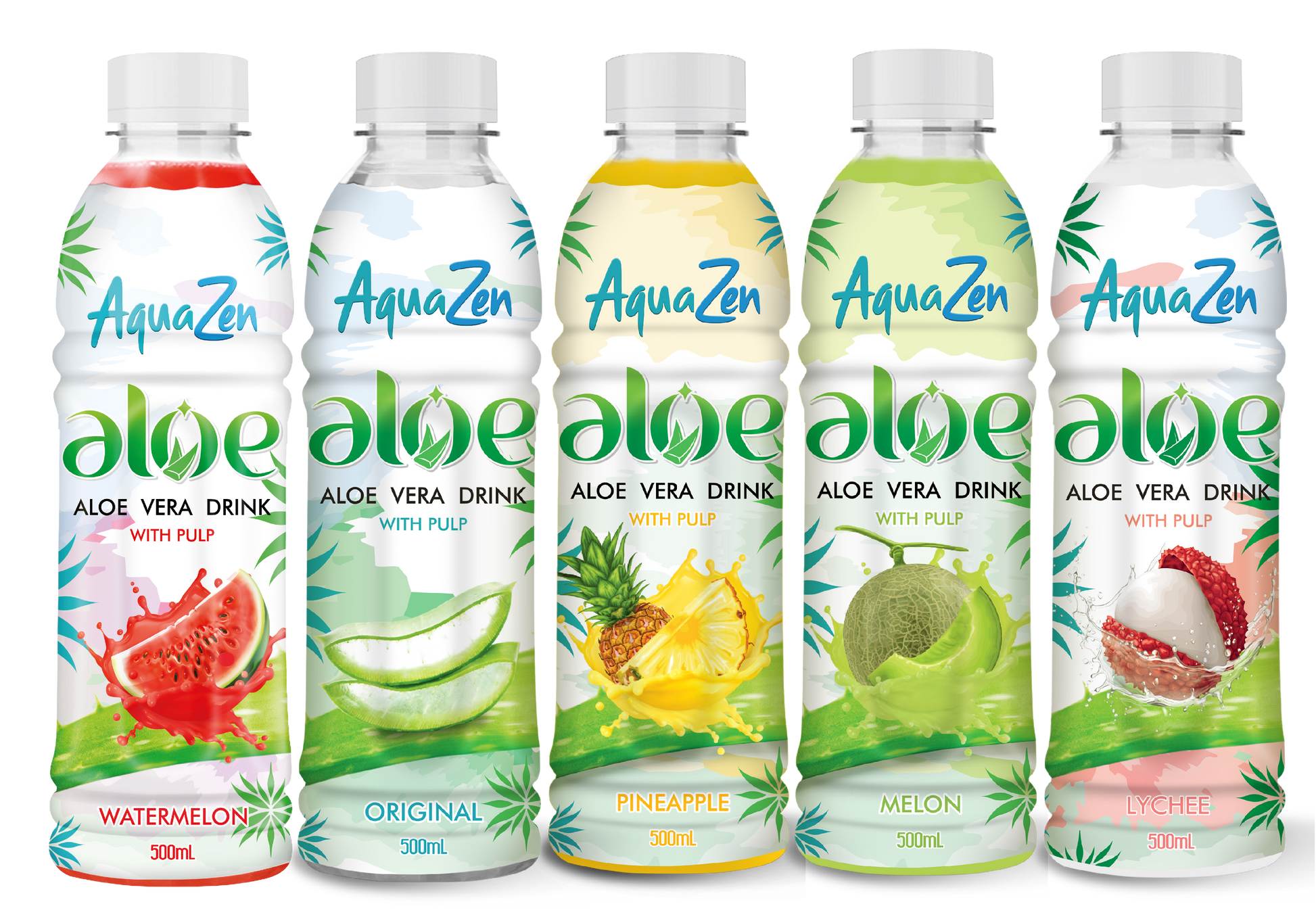 AquaZen aloe vera drink bottle with lychee flavor on a white background