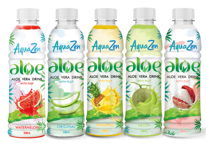 AquaZen aloe vera drink bottle with lychee flavor on a white background