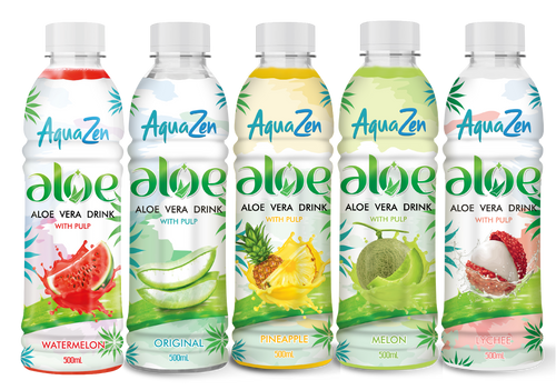AquaZen aloe vera drink bottle with lychee flavor on a white background